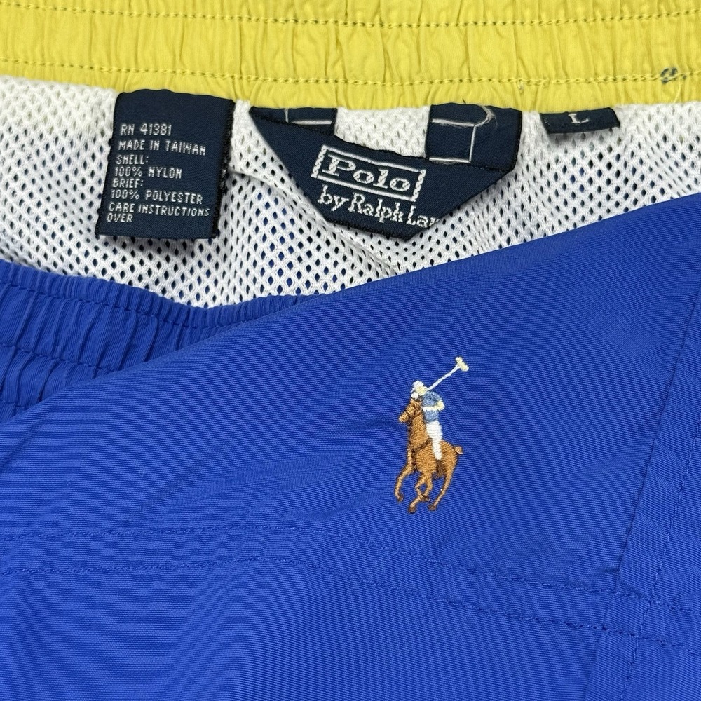 Polo Ralph Lauren Vintage Lined‎ Drawstring Swim Shorts Navy Blue Yellow Men's L
